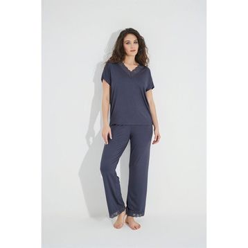 Monamise 18484 Lacivert Dantelli Kısa Kollu V Yakalı Kadın Pijama Takımı