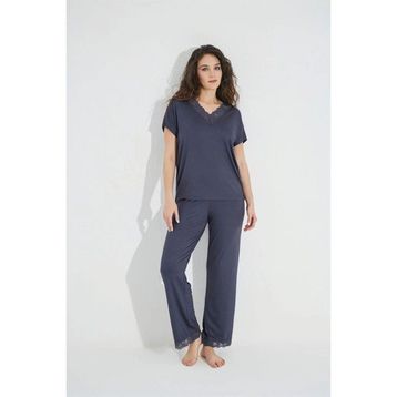 Monamise 18484 Lacivert Dantelli Kısa Kollu V Yakalı Kadın Pijama Takımı