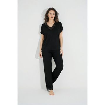 Monamise 18494 Siyah Dantelli Kısa Kollu V Yakalı Kadın Pijama Takımı