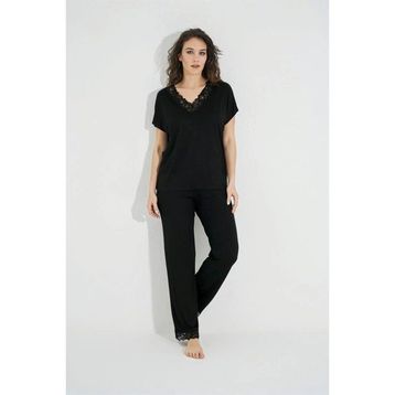 Monamise 18494 Siyah Dantelli Kısa Kollu V Yakalı Kadın Pijama Takımı