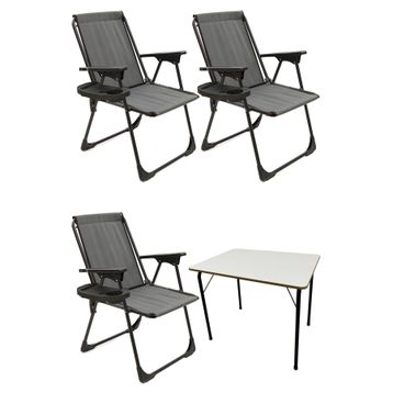 Moniev Natura Gri 3 Adet Katlanır Piknik Sandalye Oval Bardaklıklı Kamp Sandalyesi Katlanır MDF Masa