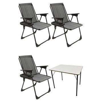 Moniev Natura Gri 3 Adet Katlanır Piknik Sandalye Oval Bardaklıklı Kamp Sandalyesi Katlanır MDF Masa