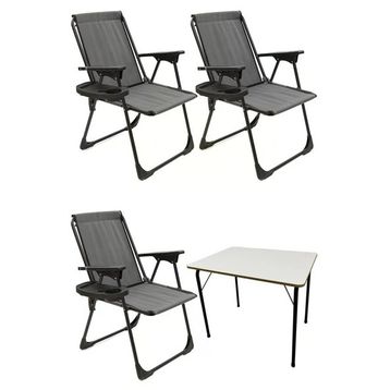 Moniev Natura Gri 3 Adet Katlanır Piknik Sandalye Oval Bardaklıklı Kamp Sandalyesi Katlanır MDF Masa