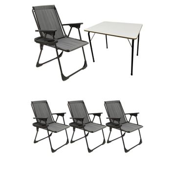 Moniev Natura Gri 4 Adet Katlanır Piknik Sandalye Oval Bardaklıklı Kamp Sandalyesi Katlanır MDF Masa