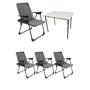 Moniev Natura Gri 4 Adet Katlanır Piknik Sandalye Oval Bardaklıklı Kamp Sandalyesi Katlanır MDF Masa