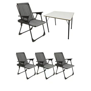 Moniev Natura Gri 4 Adet Katlanır Piknik Sandalye Oval Bardaklıklı Kamp Sandalyesi Katlanır MDF Masa
