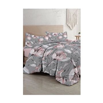 Monohome 34917 Gray Rose Çift Kişilik Nevresim Takımı 3D Pamuk Saten