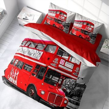 Monohome 38137 London Bus 3D Pamuk Saten Renkli Çift Kişilik 200x220 cm Nevresim Takımı