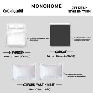 Monohome Mistique Flowers 3D Pamuk Saten Çift Kişilik Nevresim Takımı