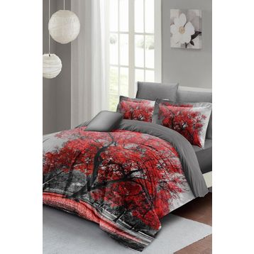 Monohome Red Tree 3D Pamuk Saten Çift Kişilik Nevresim Takım