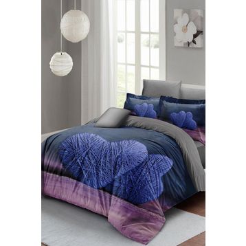 Monohome Wool Heart 200x220 cm Gri Lila Çift Kişilik 3D Pamuk Saten Nevresim Takımı
