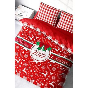 Monohome Yılbaşı Süsü 2022 Merry Christmas 3D Pamuk Saten Çift Kişilik Nevresim Takımı