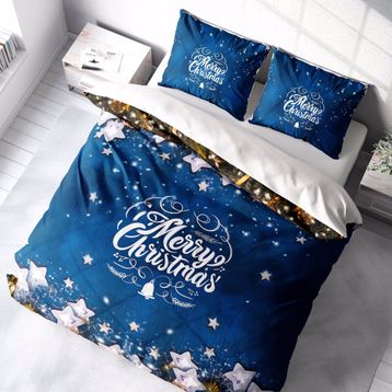 Monohome Yılbaşı Süsü Merry Christmas Pamuk Saten Blue Stars 3D Çift Kişilik Nevresim Takım