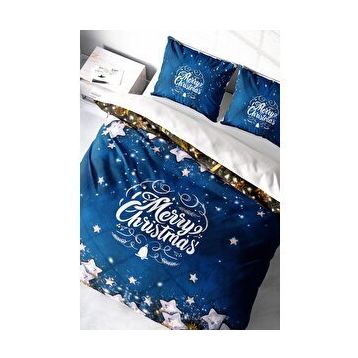 Monohome Yılbaşı Süsü Merry Christmas Pamuk Saten Blue Stars 3D Çift Kişilik Nevresim Takım