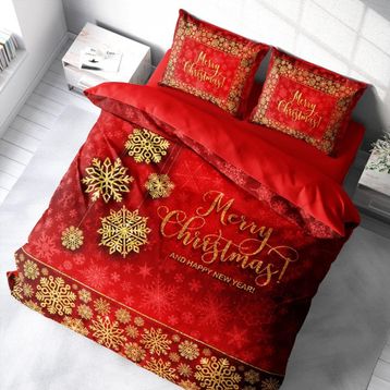 Monohome Yılbaşı Süsü Merry Christmas Pamuk Saten Kırmızı 3D Çift Kişilik Nevresim Takım