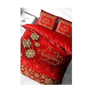 Monohome Yılbaşı Süsü Merry Christmas Pamuk Saten Kırmızı 3D Çift Kişilik Nevresim Takım