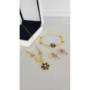 Mor Çiçek Gold Rengi Çelik Takı Seti
