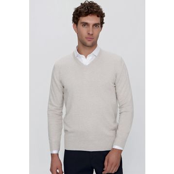 Morven 23KC017004 Bej Basic Dynamic Fit Rahat Kesim V Yaka Triko Erkek Kazak