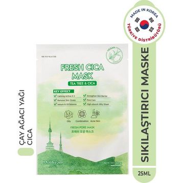 Muldream Fresh Cica Mask Gözenek Sıkılaştırıcı Çay Ağacı Yağı Sebum Dengeleyici Kore 25 ml Kağıt Yüz Maskesi