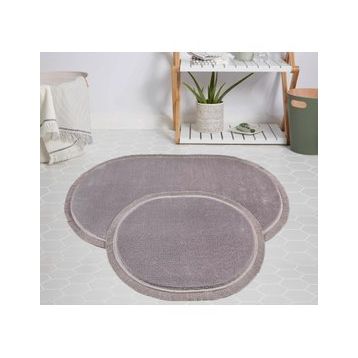 My Evilla Modern Dekoratif Jel Kaymaz Taban Peluş Gri Saçaklı Oval 50x80 Paspas Takımı