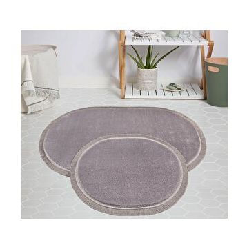 My Evilla Modern Dekoratif Jel Kaymaz Taban Peluş Gri Saçaklı Oval 50x80 Paspas Takımı