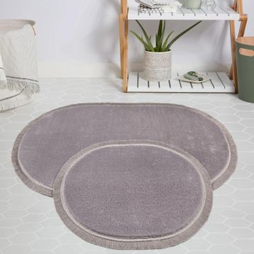 My Evilla Modern Dekoratif Jel Kaymaz Taban Peluş Gri Saçaklı Oval 50x80 Paspas Takımı