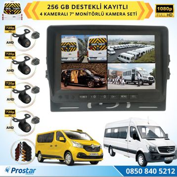 Navistar Kayıtlı AHD Okul Servisler İçin 4 Kameralı 7 inç Monitörlü 720P Araç Kamera Seti