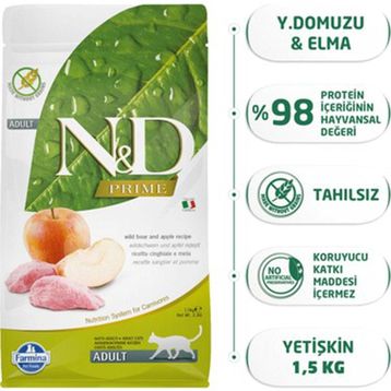 N&D 1,5 kg Yaban Domuzlu Elmalı Tahılsız Yetişkin Kedi Maması