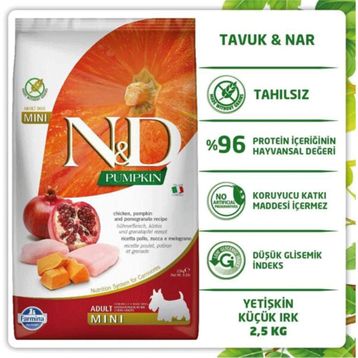 N&D 2.5 kg Pumpkin Tahılsız Balkabaklı Tavuk Etli ve Narlı Küçük Irk Yavru Köpek Maması
