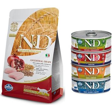 N&D Düşük Tahıllı Tavuklu Narlı 1,5 kg Kısırlaştırılmış Kedi Maması + 4x80 gr Karışık Konserve