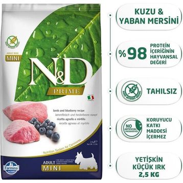 N&D Kuzu Etli Yaban Mersini Tahılsız Yetişkin Mini Irk 2.5 kg Köpek Maması
