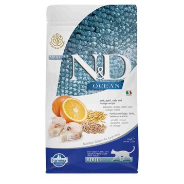 N&D Ocean 3x1,5 kg Düşük Tahıllı Morina Balıklı Portakallı Yetişkin Kedi Maması