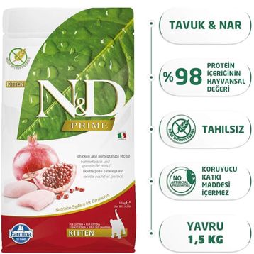 N&D Tahılsız Tavuk ve Narlı Yavru 1.5 kg Kuru Kedi Maması