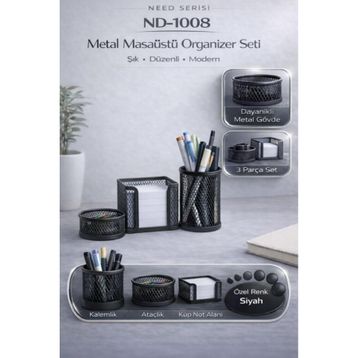 Need ND-1008 Siyah Masaüstü Metal Perfore 3'lü Kalemlik Seti