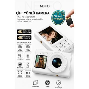 Neffo 48MP Beyaz Retro Ultra HD Fotoğraf Makinesi