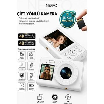 Neffo 48MP Beyaz Retro Ultra HD Fotoğraf Makinesi