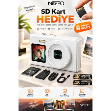 Neffo 48MP Beyaz Retro Ultra HD Fotoğraf Makinesi