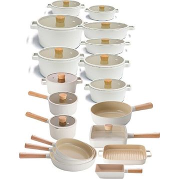 Neoflam Fika Alüminyum Döküm Cam Kapaklı Full Set 30 Parça Krem Tencere Seti