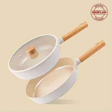 Neoflam Fika Cam Kapaklı Bej 26 cm Sığ Tencere Tava Seti
