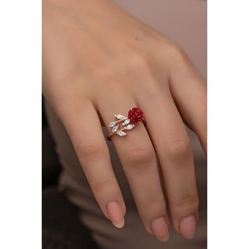 Nereze 925 Ayar Ayarlanabilir Sarmaşık Kırmızı Gül Gümüş Yüzük