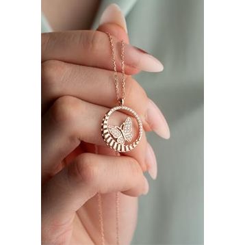 Nereze 925 Ayar Daire Tasarım Zirkon Taşlı Kelebek Kadın Gümüş Kolye