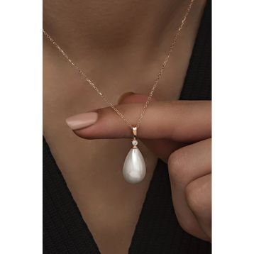 Nereze 925 Ayar Damla Model Beyaz Barok İnci Gümüş Kolye
