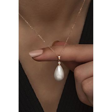 Nereze 925 Ayar Damla Model Beyaz Barok İnci Gümüş Kolye