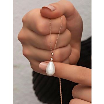 Nereze 925 Ayar Damla Model Beyaz Barok İnci Gümüş Kolye