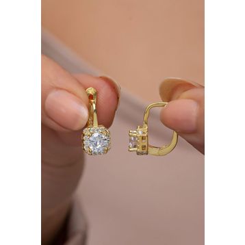 Nereze 925 Ayar Gold Kaplama J Model Kare Tektaş Kadın Gümüş Küpe