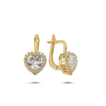 Nereze 925 Ayar Gold Kaplama J Model Tektaş Kalp Kadın Gümüş Küpe