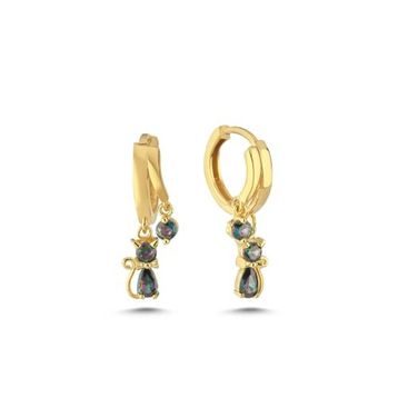 Nereze 925 Ayar Gold Mistik Topaz Taşlı 12 mm Kedi Gümüş Küpe