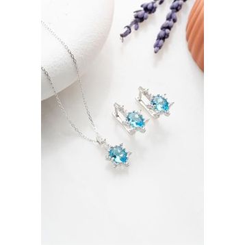 Nereze 925 Ayar Gümüş Aquamarin Oval Taşlı Küpe ve Kolye Set