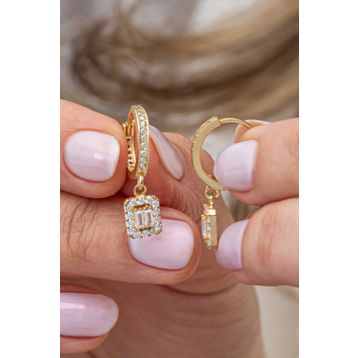 Nereze 925 Ayar Gümüş Gold 10 mm Halka Sallantılı Baget Taşlı Küpe
