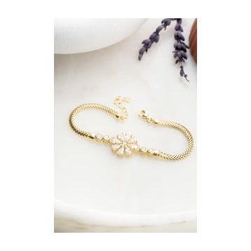 Nereze 925 Ayar Gümüş Gold Kaplama Balık Sırtı Zincirli Çiçek Bileklik